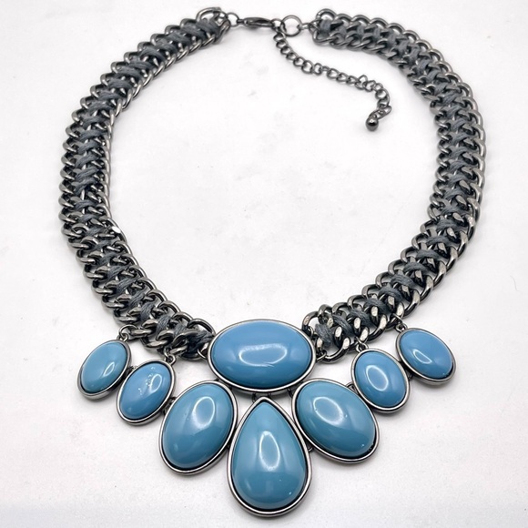 Double Chain Gun Metal Blue Teardrop Cabochon Bib Necklace Fashionable Statement - Picture 7 of 14